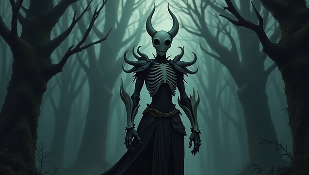 A hauntingly beautiful and mysterious knight in an eerie gothic style world. knight stands wearing a tattered worn-out suit of armor with a hollow mask that reveals empty eye 