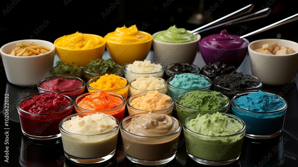 Wall mural a vibrant spectrum of culinary creations, each a unique shade, presented in an array of bowls for a 