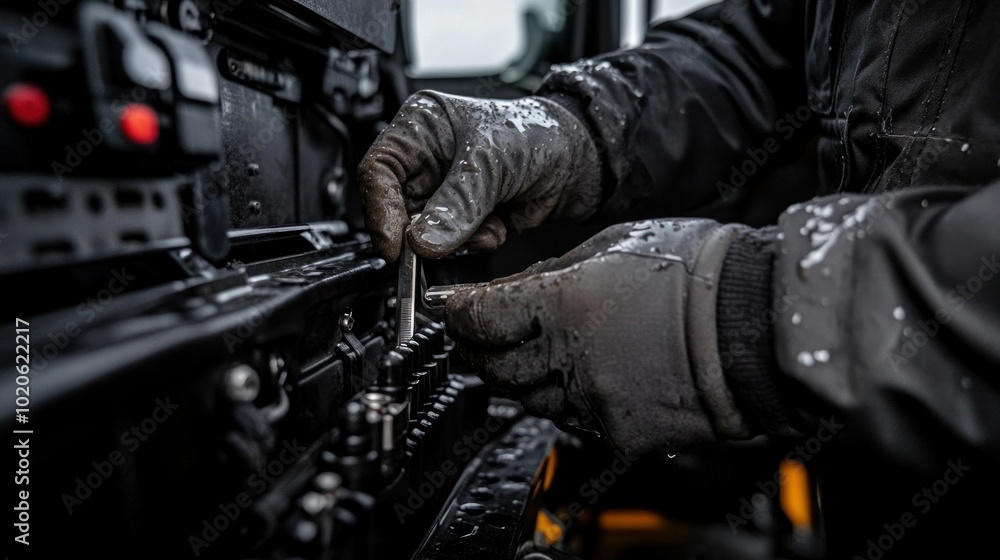 Aufkleber close-up of a mechanic's hands working on a machine with a tool