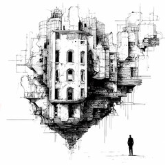 Naklejka premium sketch style of buildings, concept of urban levitation in modern city