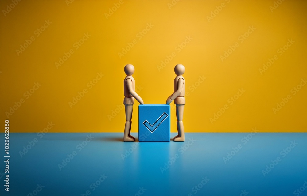 Aufkleber two wooden figures stand on a blue surface in front of a yellow wall with one of the figures touchin