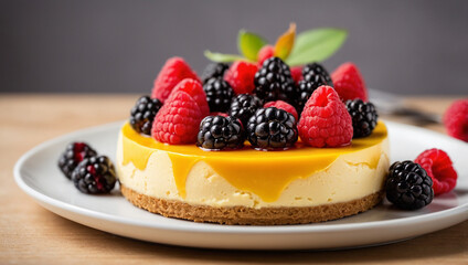 Soft mango cheesecake topped, served on a light brown biscuit base, placed on a modern and simple white plate, completely isolated white background