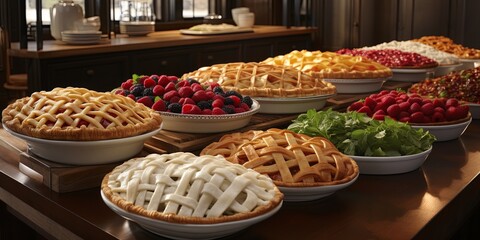 Fototapeta premium A rustic table spread with an array of delicious pies, fresh fruit, and green herbs, creating a tempting and visually appealing feast.