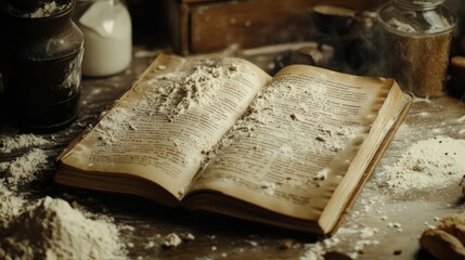 An Open Book Covered in Flour on a Wooden Surface