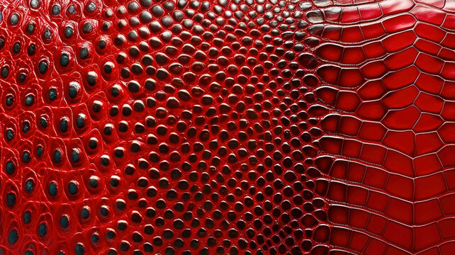 A close up of a red and black patterned leather