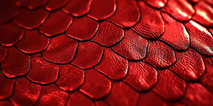 A close up of a red leather material with a pattern of scales