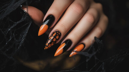 Autumn-themed and Halloween-themed manicured nails