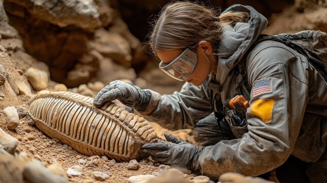 scientist in terrain looking for trilobite fossil on ground