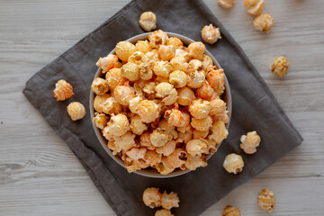 Homemade Crunchy Chicago-Style Popcorn with Caramel and Cheese in a Bowl, top view.