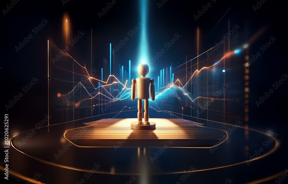 Poster a wooden figure stands on a platform with a glowing light behind it, surrounded by abstract data vis