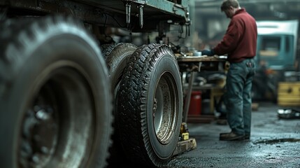 Close-up of a Truck Tire with a Man Standing in the Background