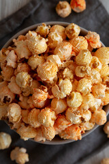Homemade Crunchy Chicago-Style Popcorn with Caramel and Cheese in a Bowl, top view.