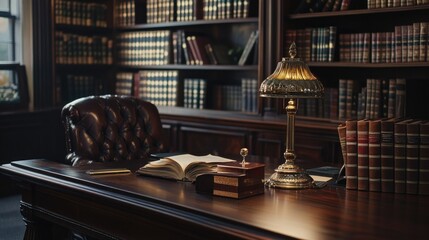 Naklejka premium A classic law office featuring rich leather-bound books, an ornate desk lamp casting warm light, and dark wood shelves brimming with history