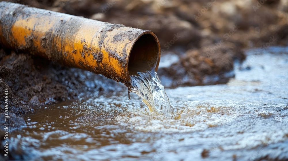 Poster a close view of a pipe with water flowing from it, highlighted against a softly blurred background, 