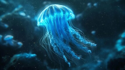 Obraz premium Bioluminescent jellyfish in oceanic chaos with glowing tentacles