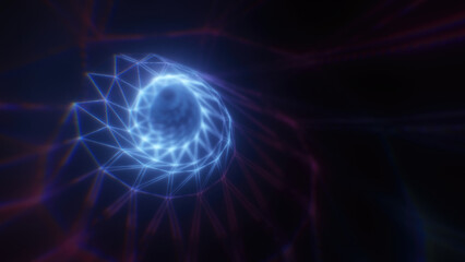 A mesmerizing pink and blue vortex with a geometric wireframe futuristic glowing tunnel effect for conveying technology, digital worlds, or abstract energy
