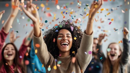 Diverse office employees celebrating