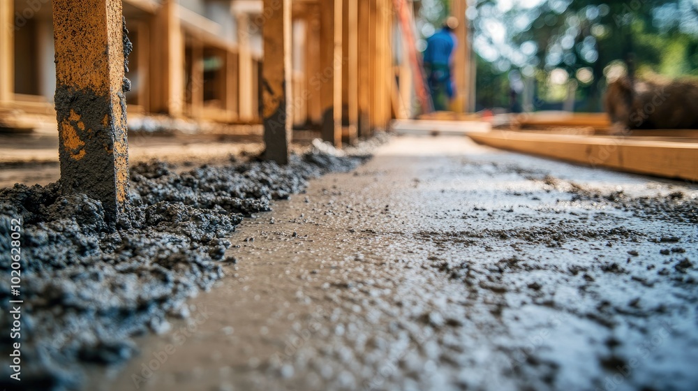 Poster a construction scene showcasing the application of screed concrete, with emphasis on the tools and t