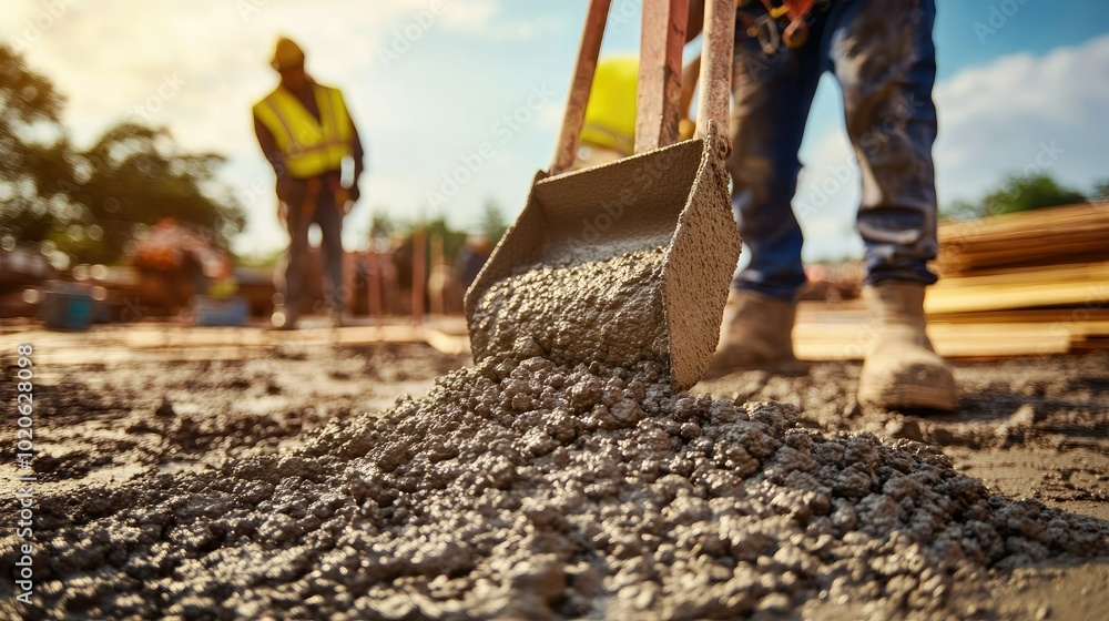 Poster a construction scene showing workers using ready-mix concrete to create a strong foundation, focusin