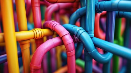 A colorful web of interconnected wires, pipes, and looms, crisscrossing in every direction, symbolizing a complex network