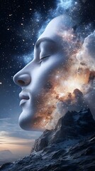 As his face blends into the sky, he dreams of worlds far beyond the earthly realm.