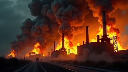 A massive industrial fire engulfs the factory, with vivid flames and dark smoke towering into the sky, creating a dramatic and intense scene of destruction.