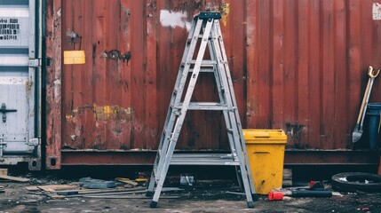 A damaged A-type aluminum folding ladder placed haphazardly against a construction site container wall, tools scattered around