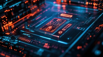 Obraz premium Close-up of a Circuit Board with Glowing Red and Blue Lights