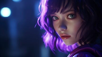  A young girl with short, purple hair watches intently as colorful children's colors are illuminated around her, creating a mysterious atmosphere.