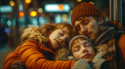 Fototapeta premium Exhausted family sleeping at train station - travel and rest concept