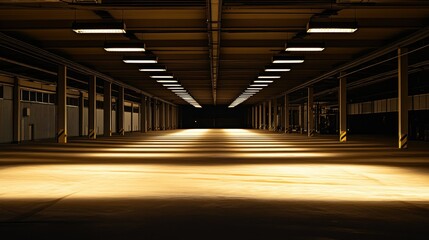 Fototapeta premium Empty industrial warehouse interior with fluorescent lights and concrete floor.