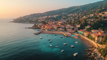 Fototapeta premium Coastal Town Nestled Between Mountains and Sea at Sunset