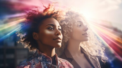  Two women with curly hair pose together outdoors, illuminated by a bright multicolored light emanating from the background, creating a vibrant atmosphere.