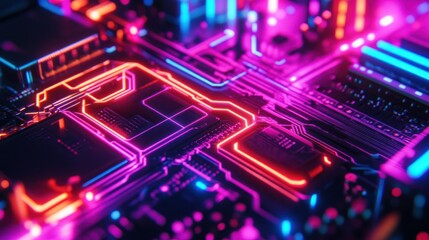 Obraz premium Close-up of a Circuit Board with Neon Pink and Orange Lights