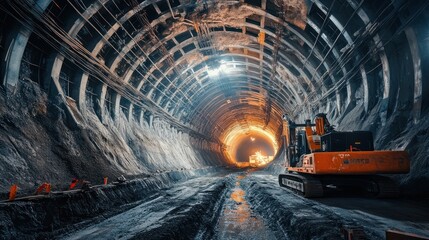 Large underground tunnel under construction with advanced engineering