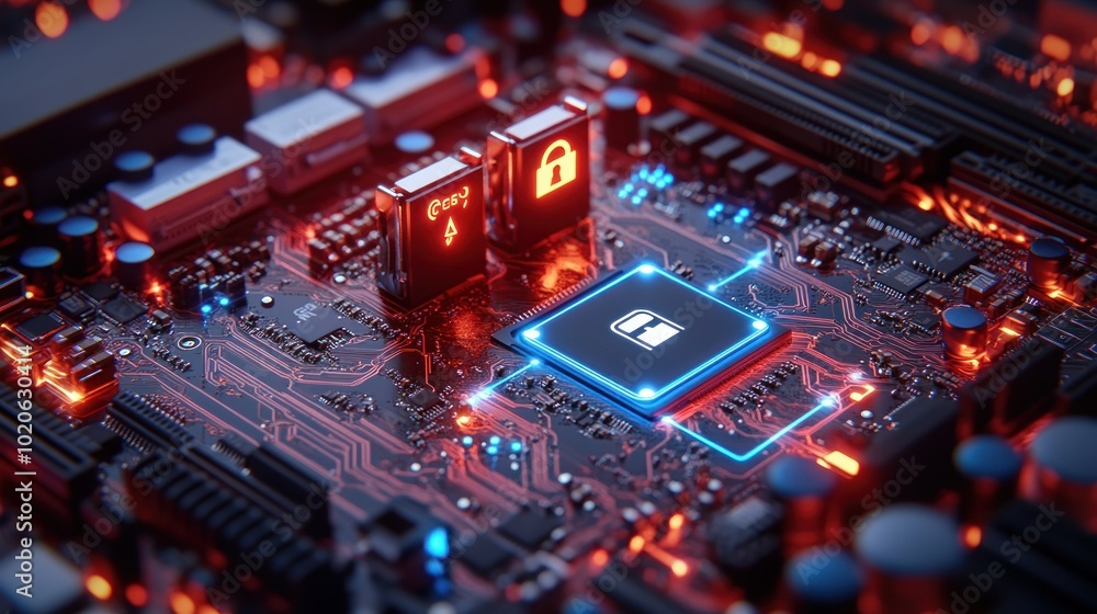 Poster cyber security system with padlock icons on motherboard