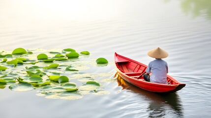 Obraz premium A serene scene of a person in a red boat surrounded by lotus leaves, reflecting tranquility on a calm water surface.