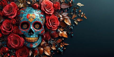 Fototapeta premium A colorful and vibrant sugar skull with intricate designs, surrounded by red roses