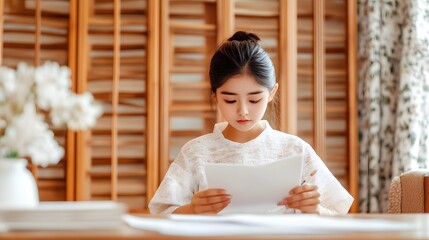 A young woman reads a letter while seated at a wooden table, surrounded by elegant decor and soft lighting.