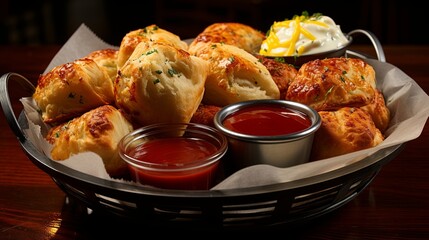 A basket of golden, buttery, bite-sized rolls, nestled amongst creamy white dipping sauce and tangy red ketchup, a delicious and satisfying snack for any occasion.