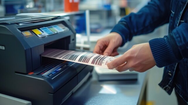 a person printing custom barcodes in an office setting, highlighting organization and inventory management