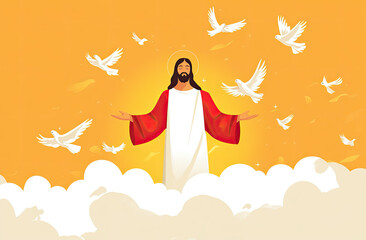 Naklejka premium illustration of Jesus Christ with doves flying around him, white clouds in the background, yellow sun rays shining behind his back