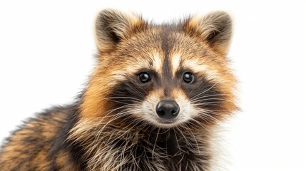 Obraz premium Portrait of a raccoon dog: mask-like facial features explore unique wildlife isolated on white background