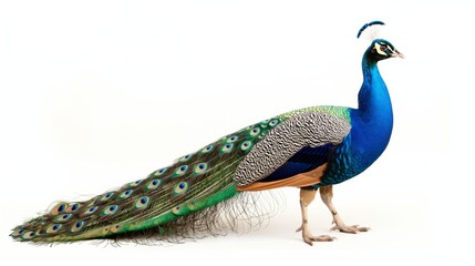 Fototapeta premium Majestic peacock with vibrant tail feathers displayed against a white background