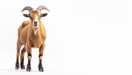 Obraz premium Majestic goat with curved horns against white background for animal portraits with big copy space