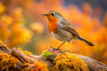 Perched on a rustic log in Cairngorms National Park, a robin contrasts beautifully against the orange-brown background, capturing the essence of the tranquil landscape.