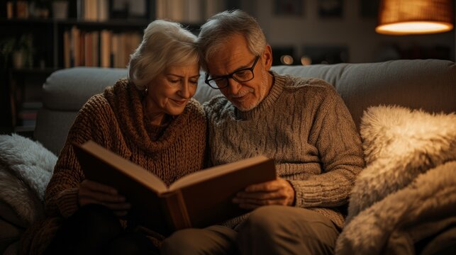 Cozy evening with elderly couple reading together on sofa in warm living room