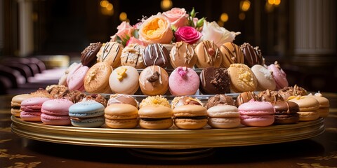 A tiered display showcases a symphony of delicate macarons, each a vibrant canvas of colors and flavors, adorned with subtle swirls of chocolate and a touch of elegance.