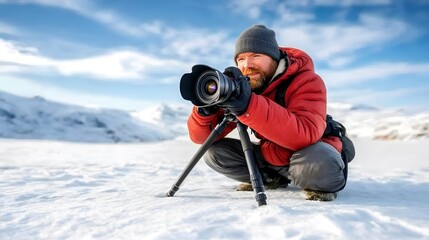 A photographer crouches in the snow, capturing images against a stunning mountainous backdrop under a bright blue sky.