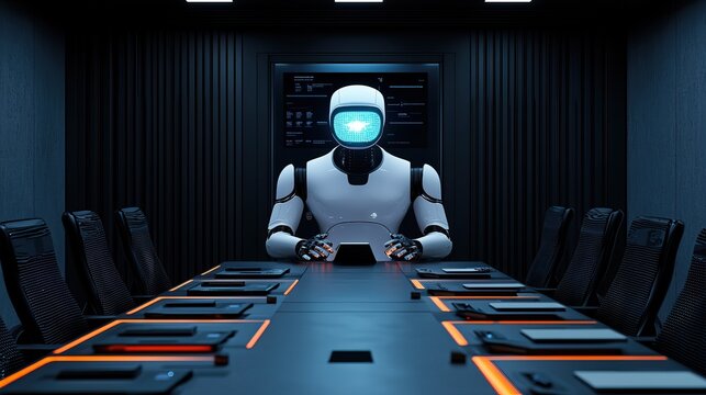 A humanoid robot sits at a futuristic conference table, displaying a glowing blue visor in a dark, sleek room, hinting at advanced technology and corporate discussions.